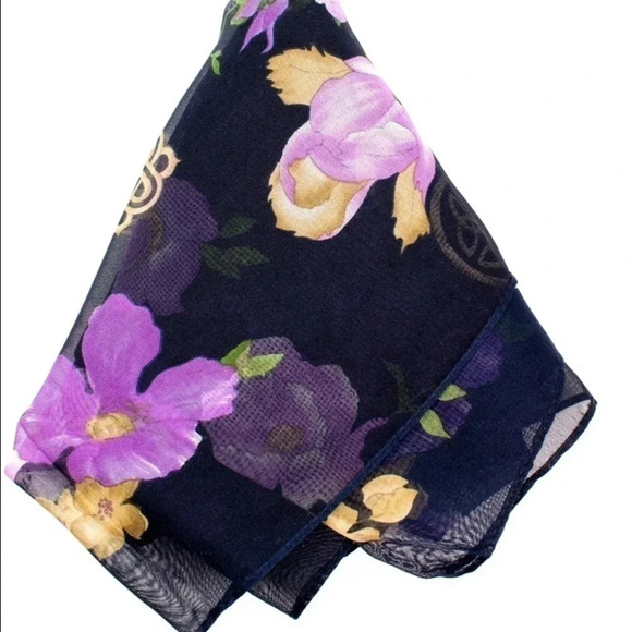 New Vintage Womens Black Purple Floral Scarf - Picture 2 of 3
